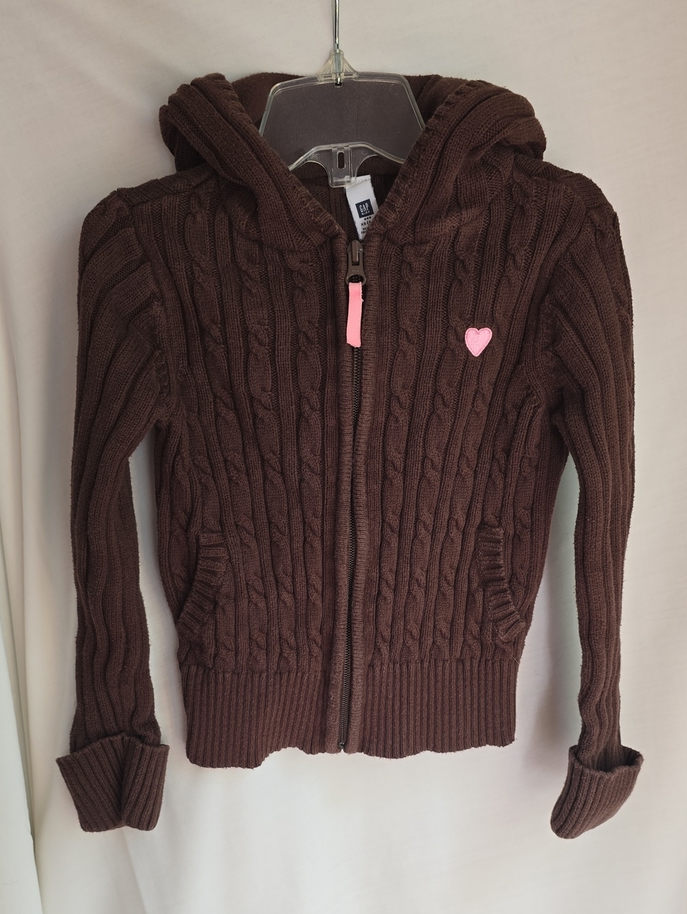 GAP Brown Cable-Knit Zip Hoodie with Pink Heart Detail